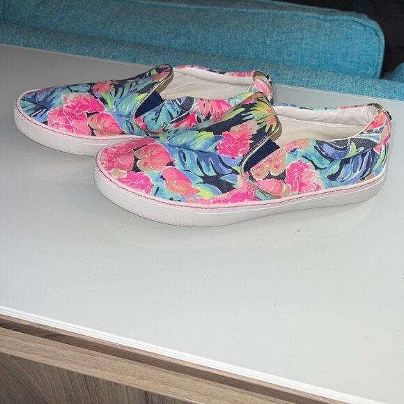Lilly Pulitzer Sneakers Size 8 Pink Blue Tropical Floral Canvas Slip On - Picture 12 of 13